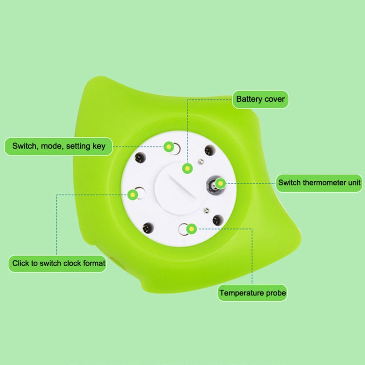 Green fish-shaped electronic water thermometer, top view with built-in probe area