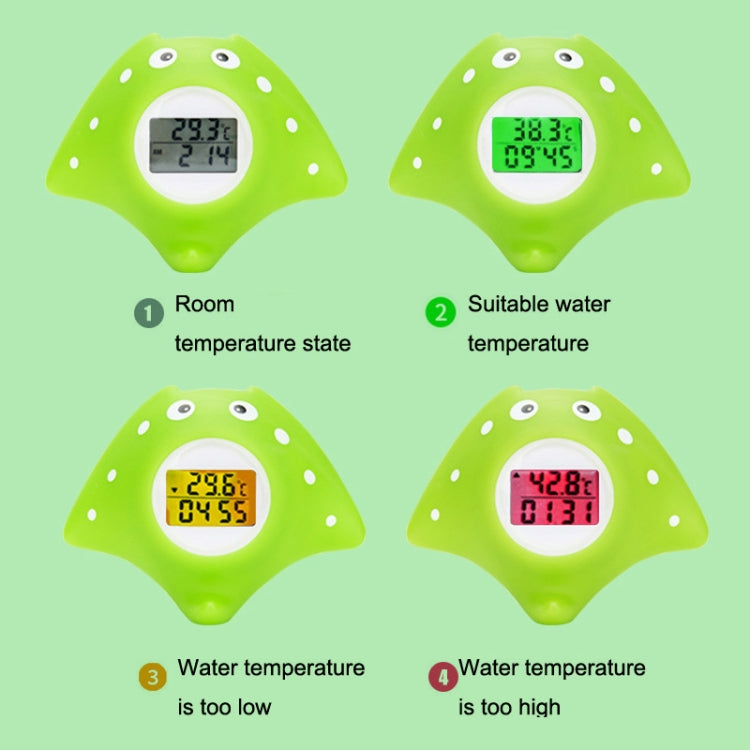 Green fish water thermometer showing room and water temperature on LCD
