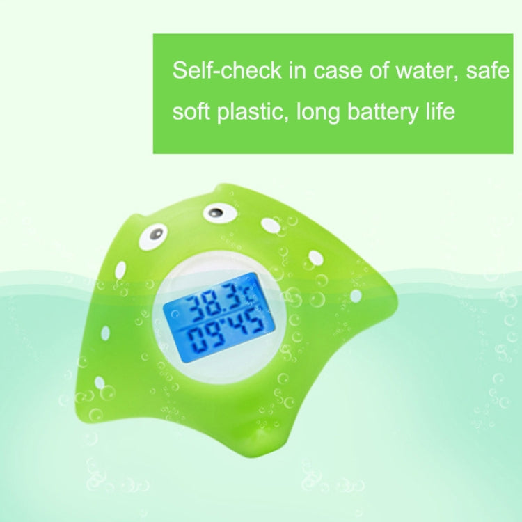 Green fish-shaped electronic water thermometer with blue-tinted LCD temperature