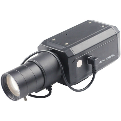 Black security box camera with wide-angle lens and connected cables, angled front view