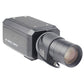 Dark security box camera with front lens and side panel, angled view