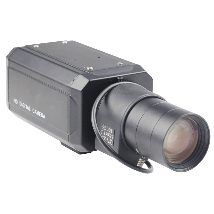 Dark security box camera with front lens and side panel, angled view