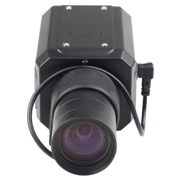 Black security box camera with large front lens and power cable, close front view