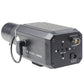 Black security box camera rear panel with video out and power ports, angled view