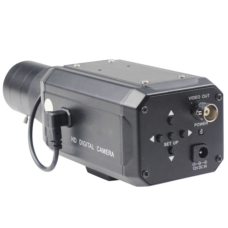 Black security box camera rear panel with video out and power ports, angled view