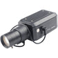 Black security box camera with wide-angle lens and side label, angled front view