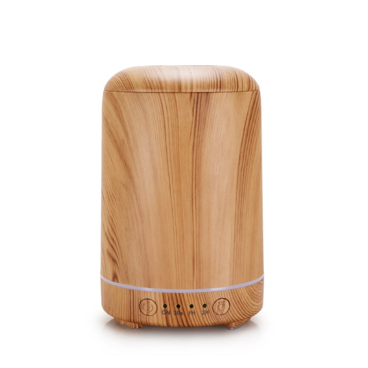 Light wood-grain aromatherapy air purifier, rounded cylinder with teal base ring and control icons