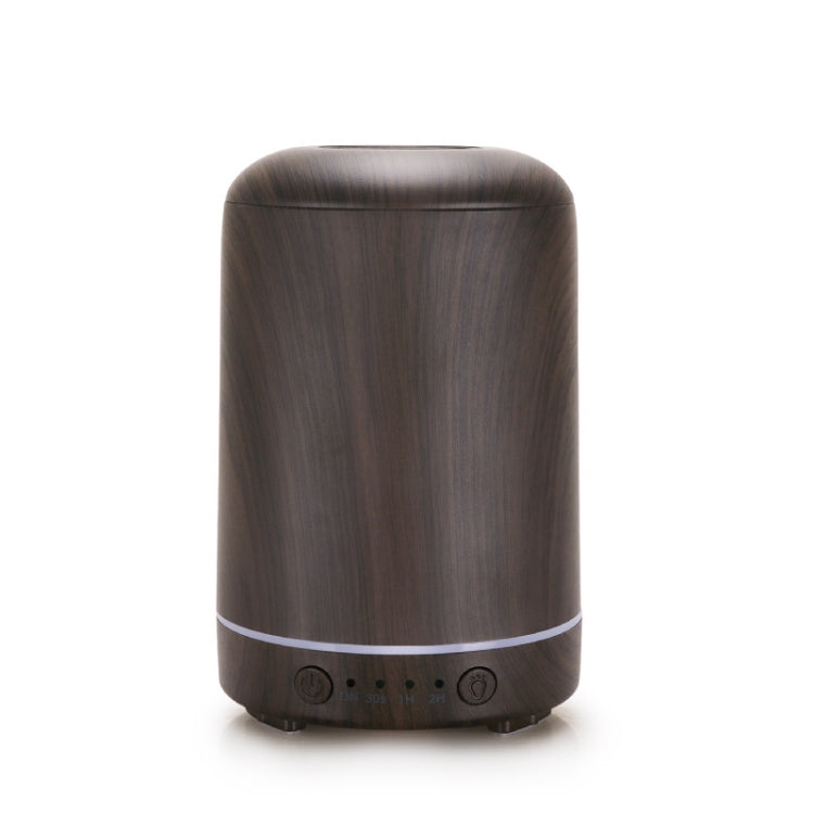 Dark wood-grain aromatherapy air purifier, rounded cylinder with teal base ring and control icons