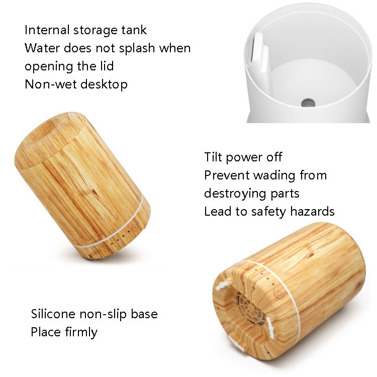 Wood-grain aromatherapy air purifier with silicone non-slip base and tilt-safe design