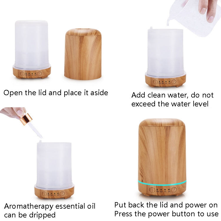 Wood-grain aromatherapy air purifier with open top and translucent water tank being filled