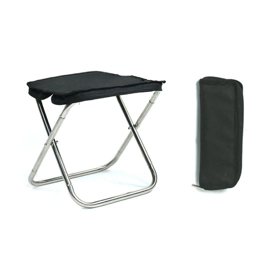 Black folding fishing stool with fabric seat and matching storage bag.