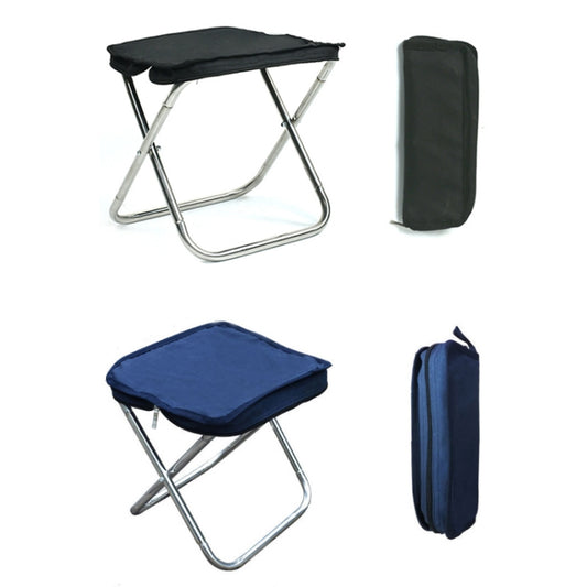 Folding fishing stool in black and blue with matching storage bags.