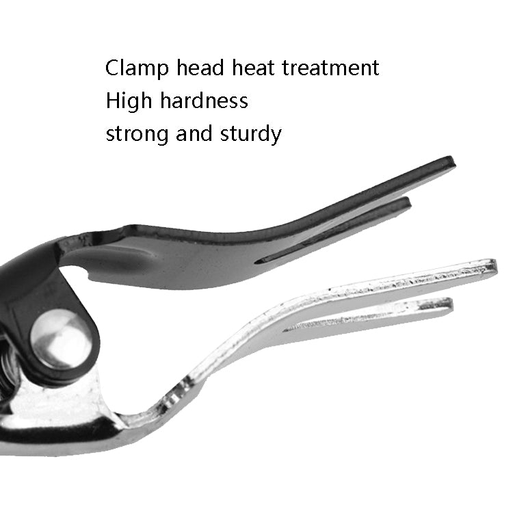 Fuel pipe separating plier with black jaw plate and silver clamp channel