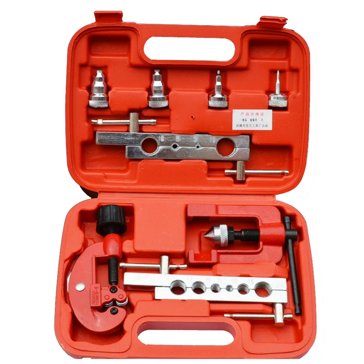 Car AC tube expander tool set in orange plastic case, with multiple metal adapters
