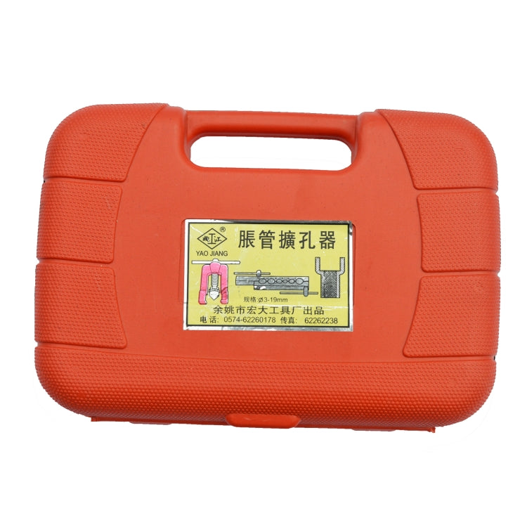Orange carrying case for car A/C tube expander kit, labeled tool diagram on front