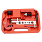 Car A/C tube expander kit components laid in orange case: reamer, chuck, cutter