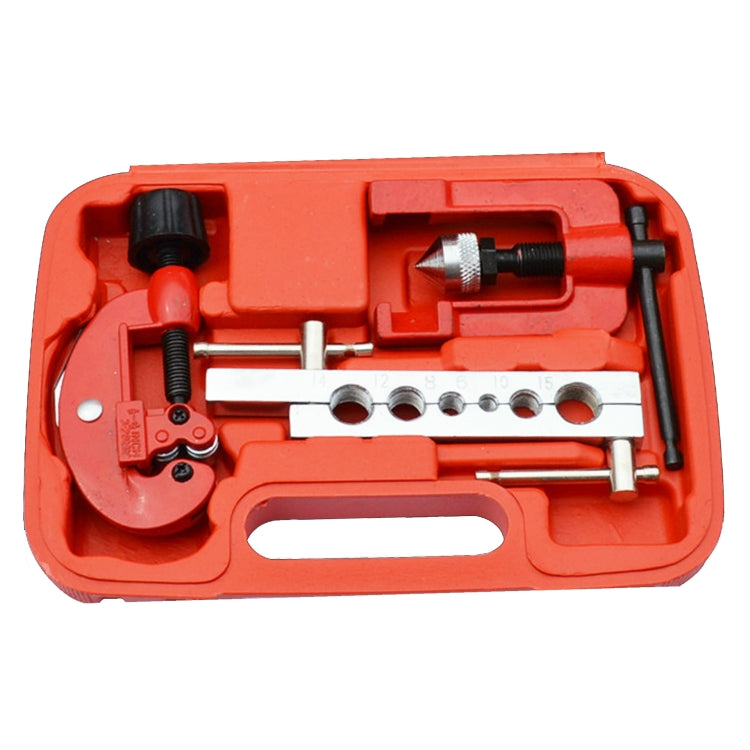 Car A/C tube expander kit components laid in orange case: reamer, chuck, cutter