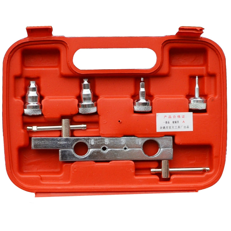Orange case top view of car AC tube expander tools with several adjustable heads