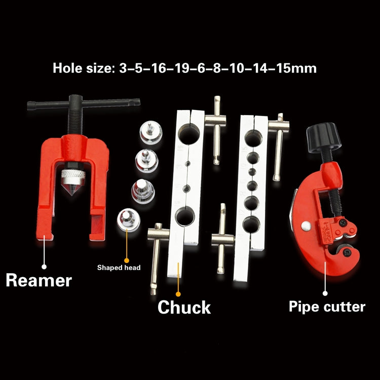 Car A/C tube expander set parts shown: reamer, chuck, and pipe cutter tools