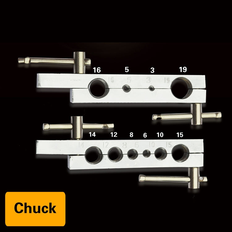 Tube expander chuck with metal gauge bars showing size markings from 3 to 19
