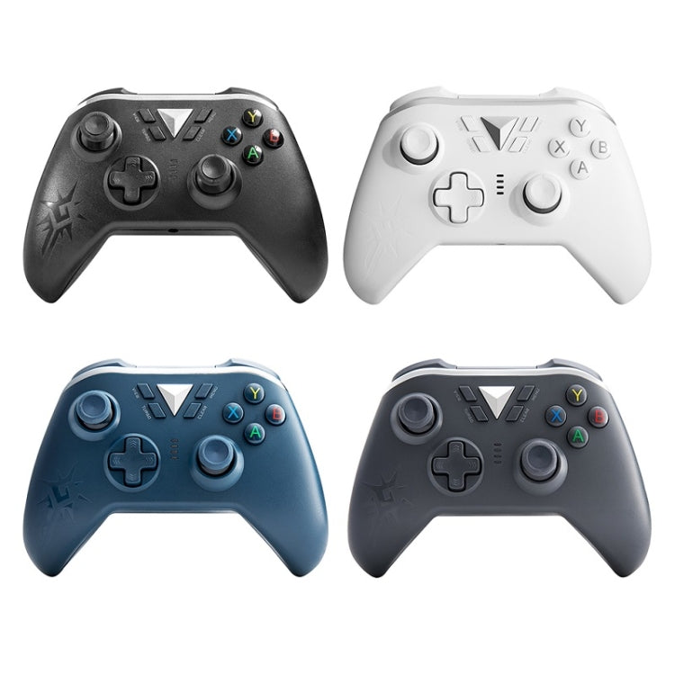 Wireless gamepad controller set in black, white, silver gray, and midnight blue