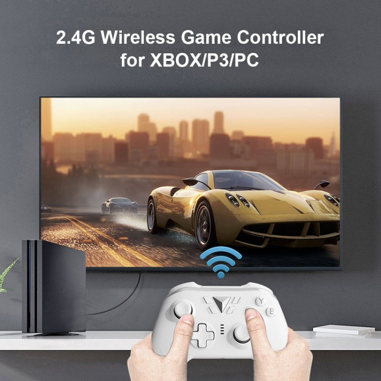 White wireless gamepad controller held by hands with ABXY buttons and D-pad