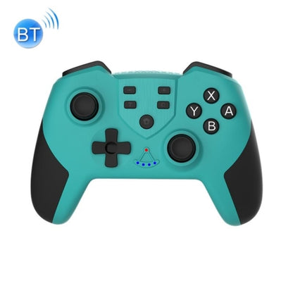 Turquoise and black wireless game controller with analog sticks and ABXY buttons