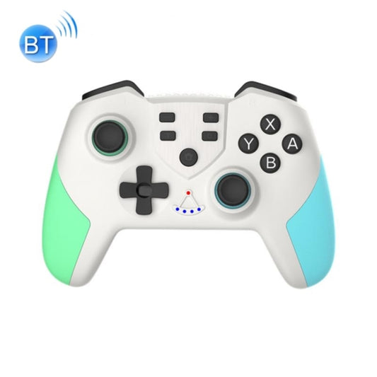 White wireless game controller with green and blue grips, cross and ABXY buttons