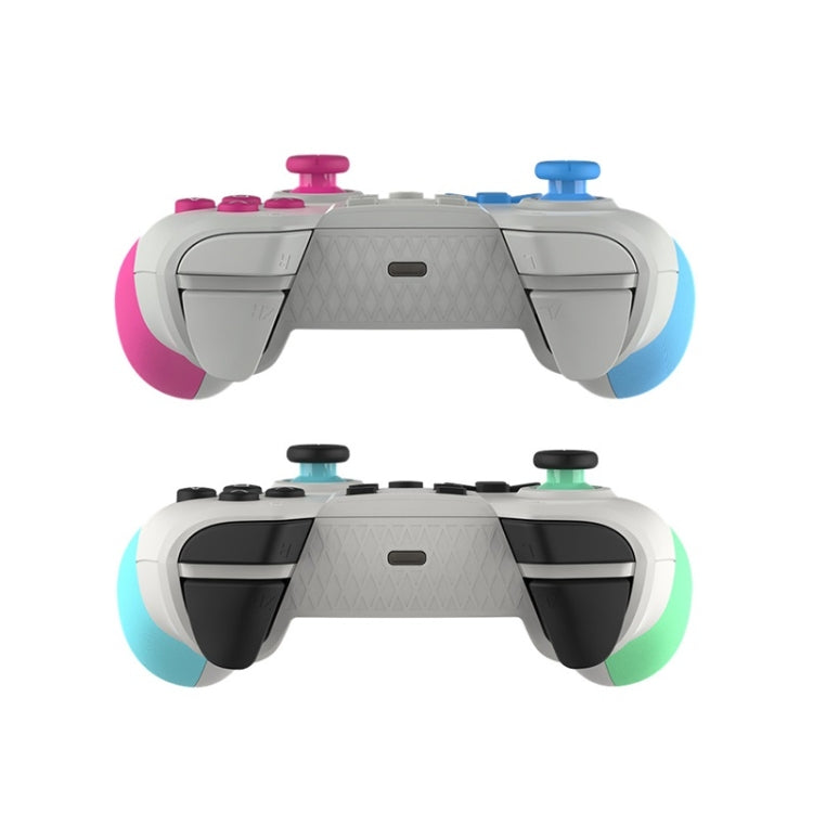 Back view of two wireless game controllers showing triggers and central panel