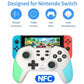 White and green wireless game controller with blue and red grips, NFC logo