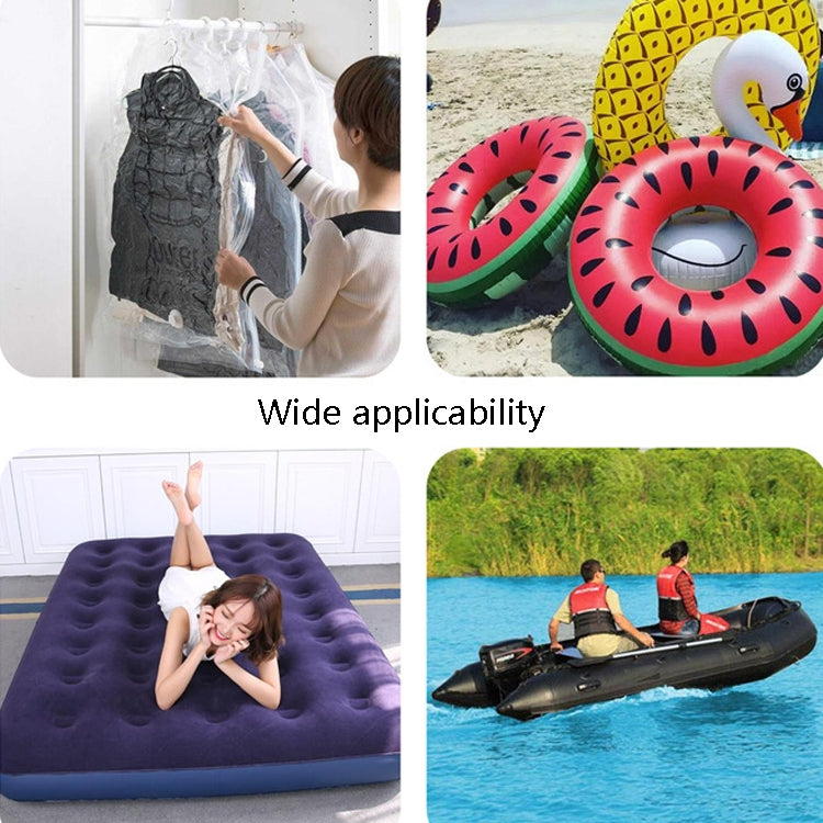 Inflatable pool float, air mattress, and raft shown with pump setup