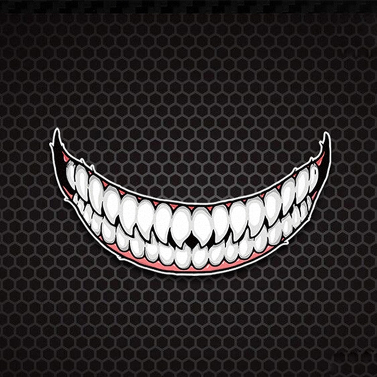 Motorcycle helmet teeth sticker with white teeth and red outline, smile arc design