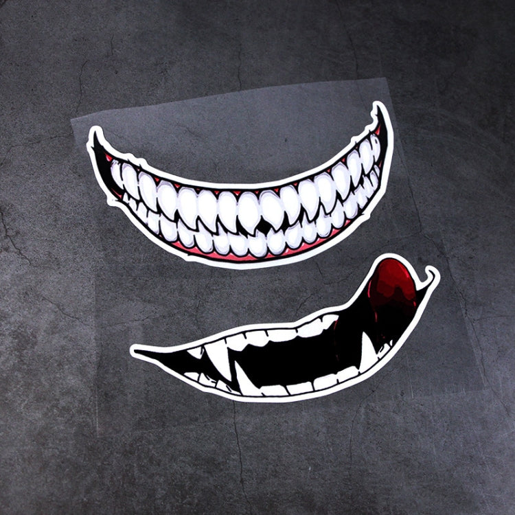 Motorcycle helmet teeth sticker pair: white teeth with red outline and black-tooth style