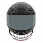 Motorcycle helmet teeth sticker on a gray helmet, white teeth with red outline
