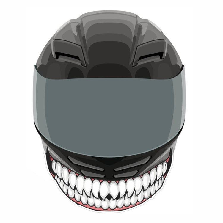 Motorcycle helmet teeth sticker on a gray helmet, white teeth with red outline