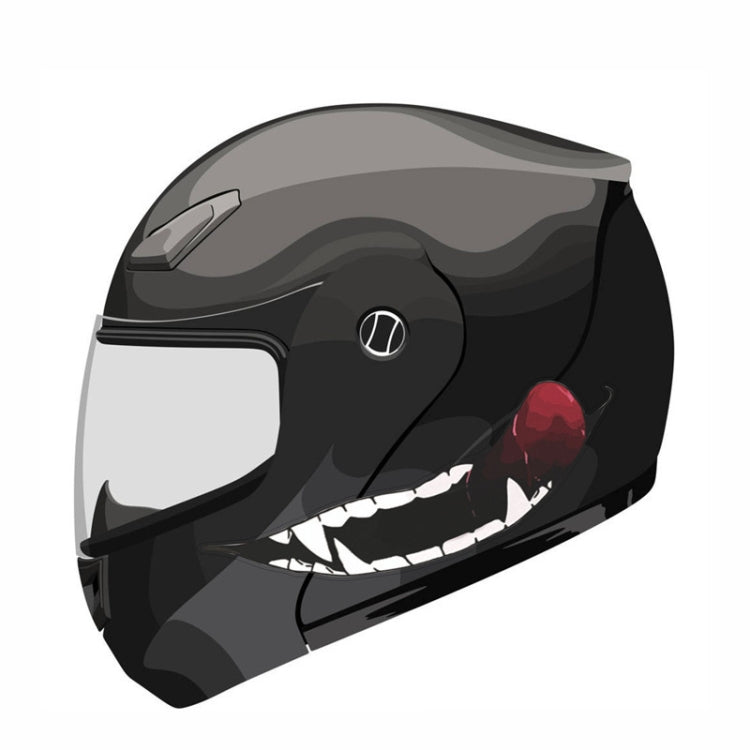Motorcycle helmet teeth sticker on a black helmet, white teeth with red outline