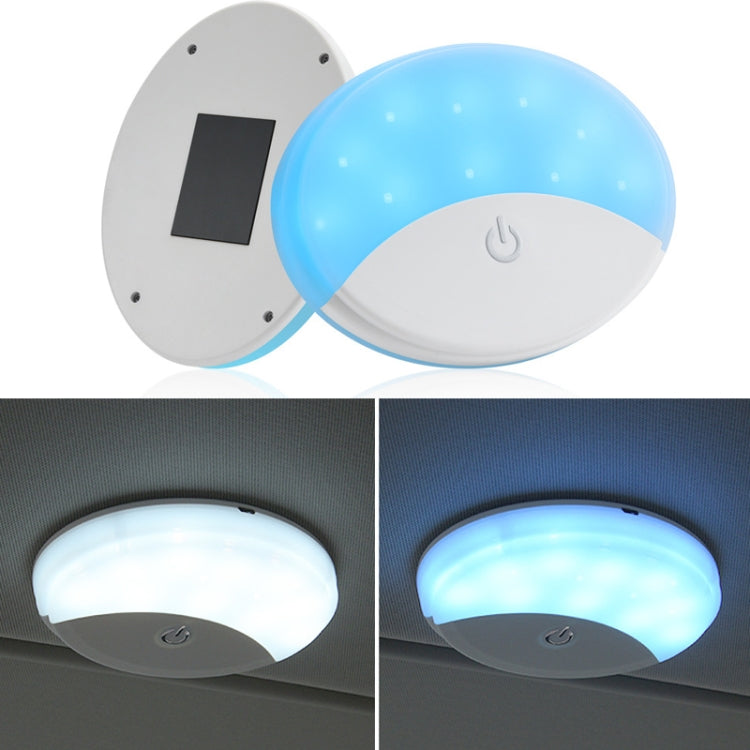 Magnetic dome LED car light with blue glow, white housing, and power button