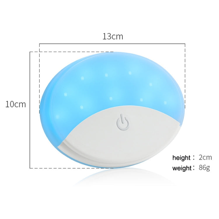 Compact dome LED car light with blue translucent lens and white base, power button