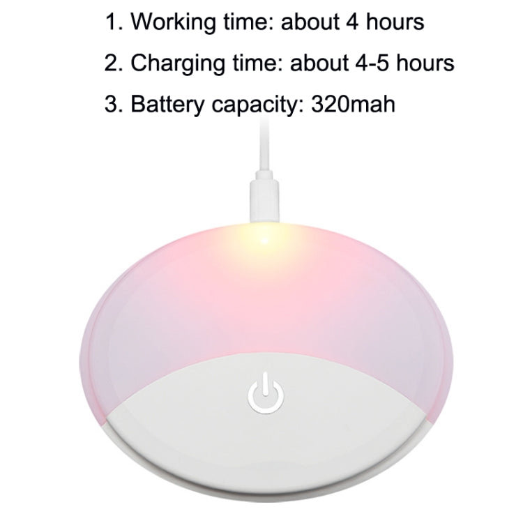 Charging dome LED car light with pink glow, white base, and USB cable