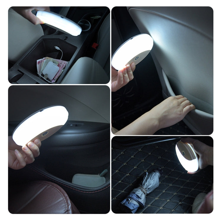 Magnetic dome LED car light shown in car interior with bright white illumination