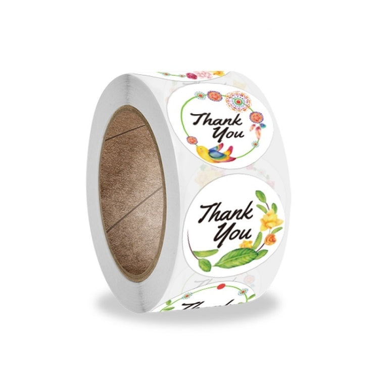 Round thank you envelope sealing stickers on roll, colorful floral and bird design