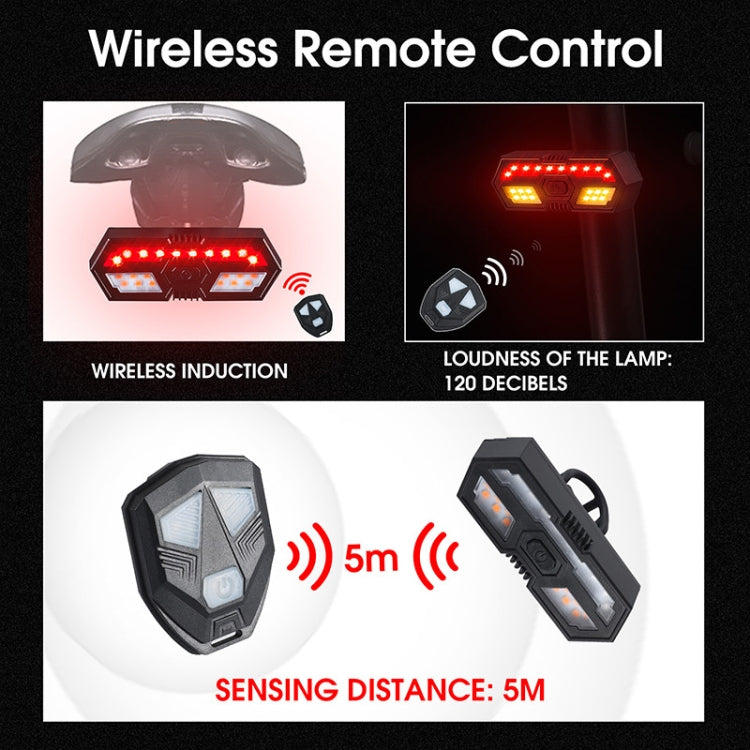 Bicycle wireless tail light with remote control, showing red brake and yellow signals