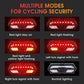 Bicycle tail light showing multiple red and yellow lighting modes with horn