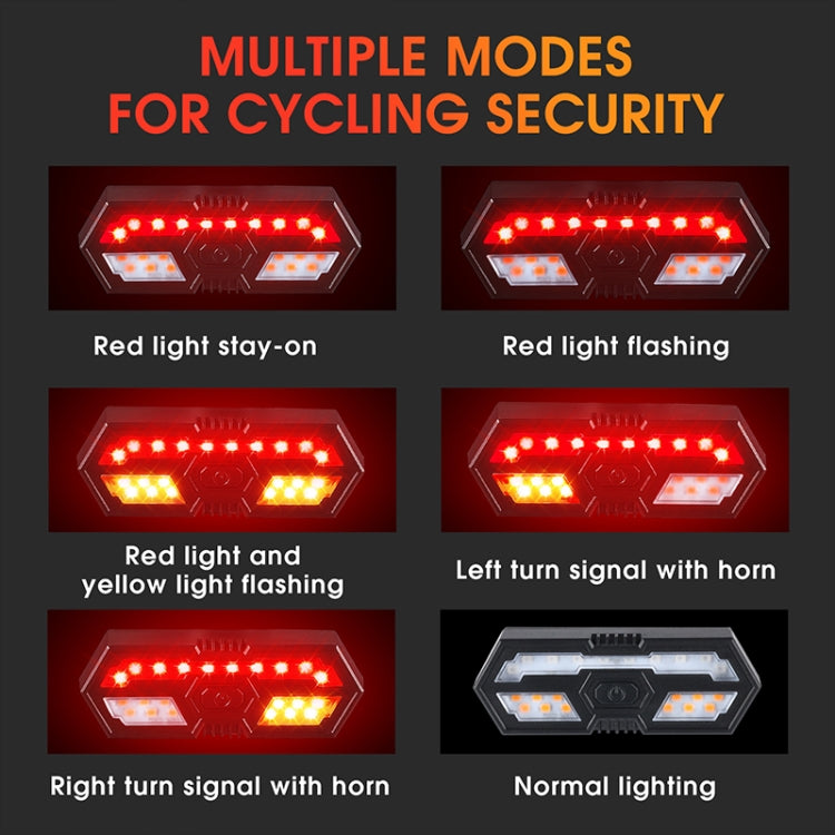 Bicycle tail light showing multiple red and yellow lighting modes with horn