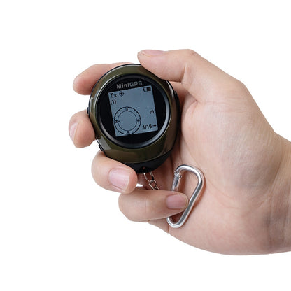 GPS locator keychain with screen, compass view, and metal carabiner clip