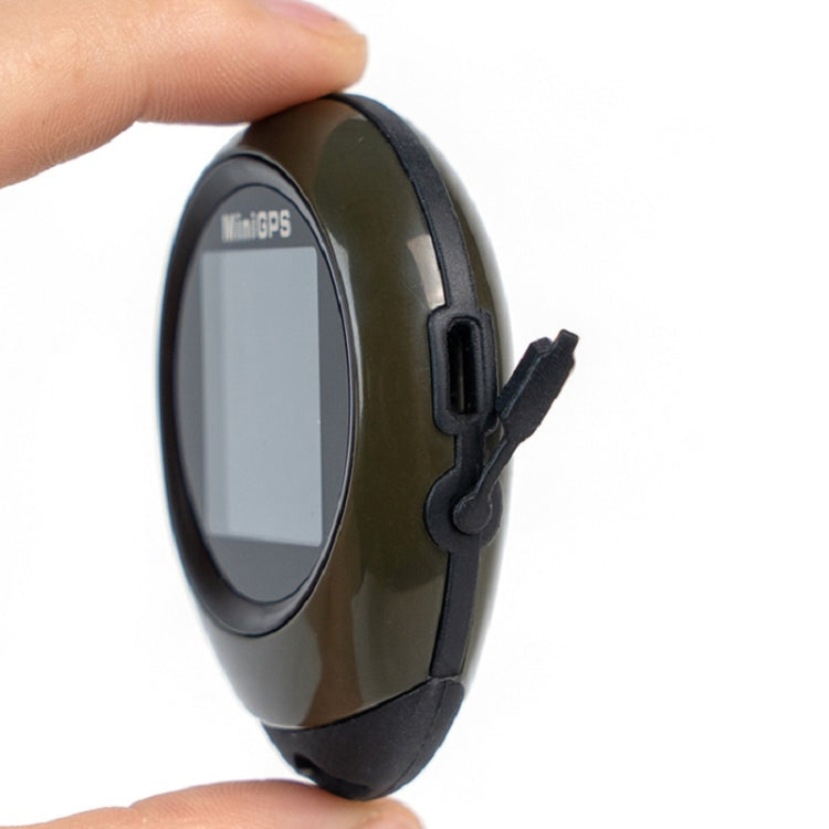 Olive GPS locator side view with dark lens screen and button panel