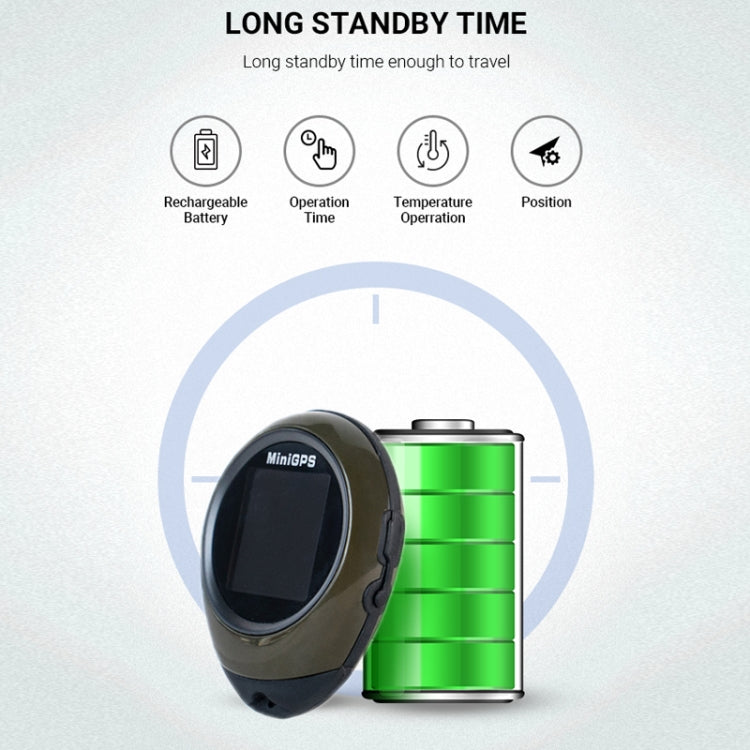 Olive GPS locator with rechargeable battery icon for standby power
