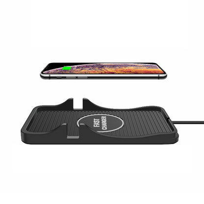 Black car wireless charging pad with phone docked in a cradle