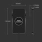 Black wireless charger pad with size diagram markings on the device