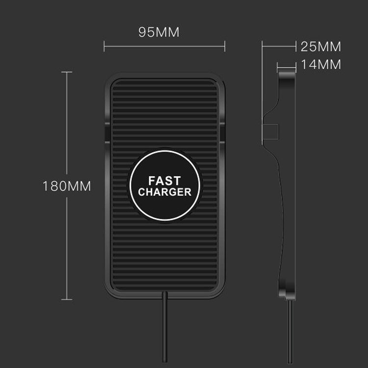 Black wireless charger pad with size diagram markings on the device